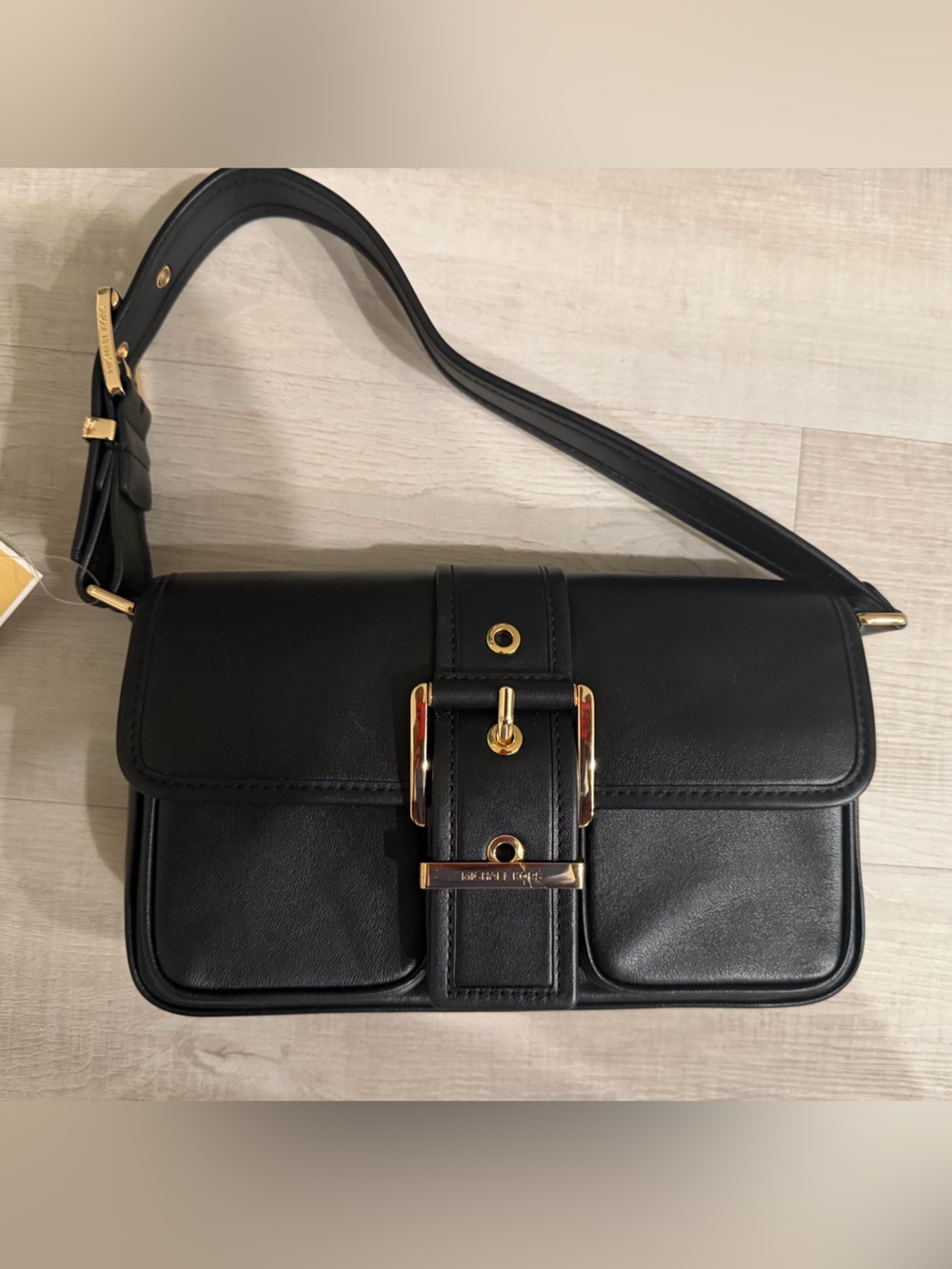 Michael Kors Black Leather Shoulder Bag with Gold Hardware